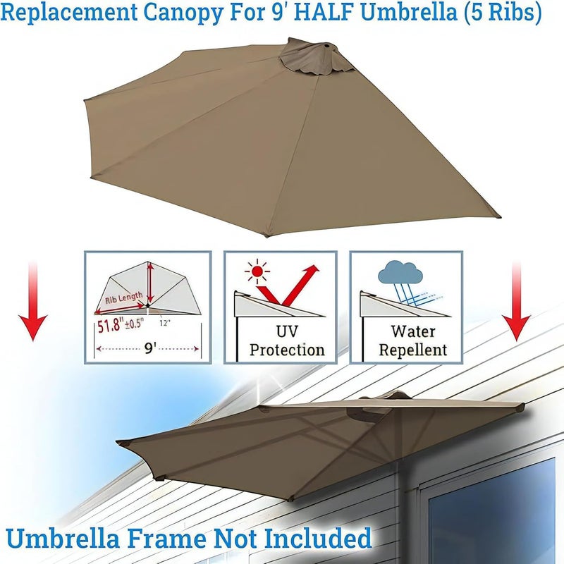 GLDDFDG Patio Umbrella Replacement Canopy - 9ft 5 Ribs Outdoor Half Umbrella Replacement Canopy, Table Market Yard Umbrella Replacement Top Cover for Garden/Deck/Pool & Beach (Only Canopy) - Image 3